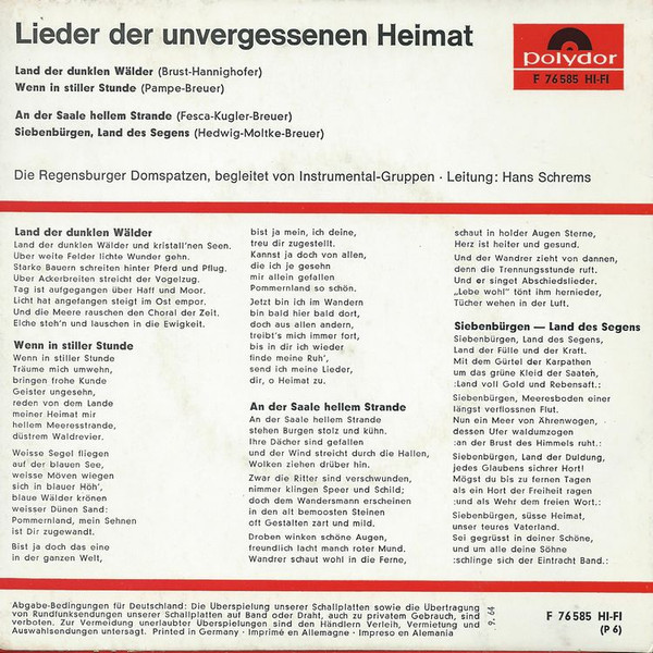 Cover zu Regensburger Domspatzen, Hans Schrems - Lieder Der Unvergessenen Heimat | 1964 | Vinyl | Folk, World, & Country | Germany Schallplatten Ankauf