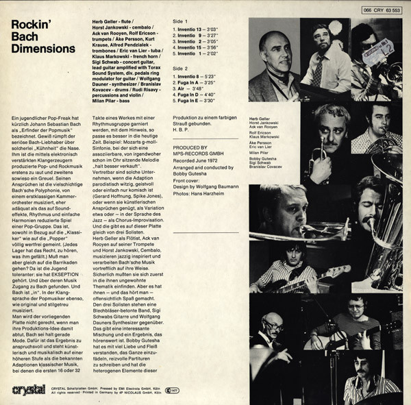 Cover zu Ack Van Rooyen / Siegfried Schwab / Horst Jankowski / Herb Geller / Åke Persson / Wolfgang Dauner / Erik Van Lier / Bobby Gutesha - Rockin' Bach Dimensions | 1980 | Vinyl | Jazz, Classical | Germany Schallplatten Ankauf
