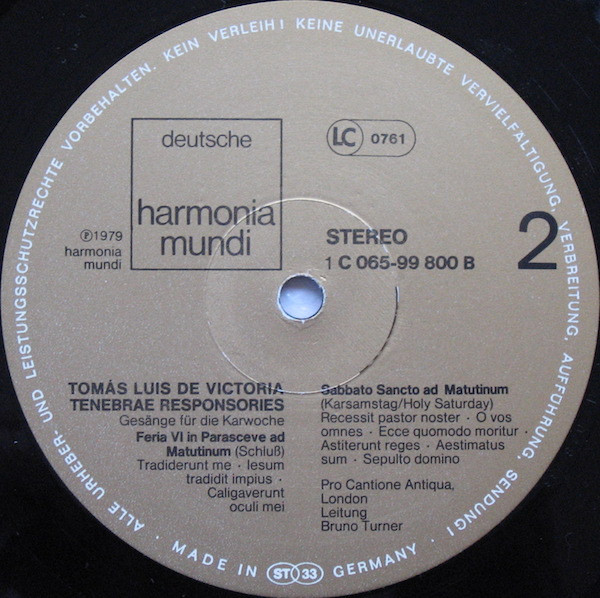 Cover zu Tomás Luis De Victoria, Pro Cantione Antiqua, Bruno Turner - Tenebrae Responsories = Gesänge Für Die Karwoche | 1979 | Vinyl | Classical | Germany