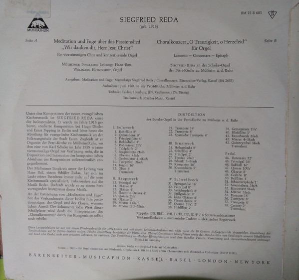 Cover zu Siegfried Reda, Mülheimer Singkreis, Hans Bril, Wolfgang Hufschmidt - Meditation Und Fuge / Choralkonzert | Vinyl | Classical | Germany Schallplatten Ankauf
