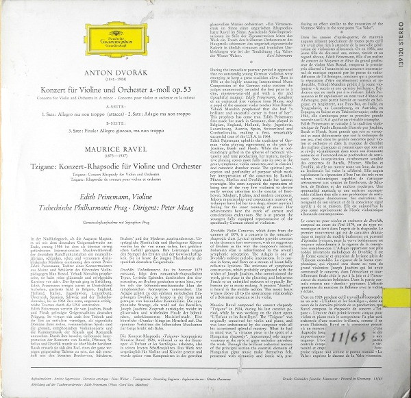 Cover zu Antonín Dvořák / Maurice Ravel - Edith Peinemann, The Czech Philharmonic Orchestra Dirigent: Peter Maag - Konzert Für Violine Und Orchester A-moll Op. 53 / Tzigane | 1965 | Vinyl | Classical | Germany Schallplatten Ankauf