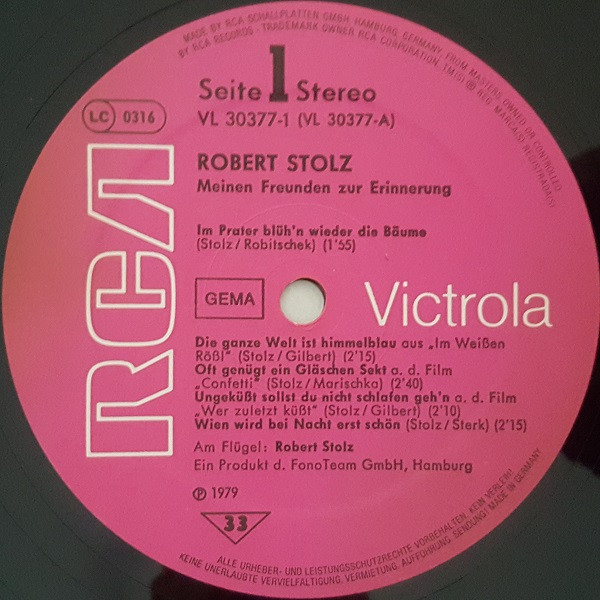 Cover zu Robert Stolz - Meinen Freunden Zur Erinnerung | 1979 | Vinyl | Classical | Germany