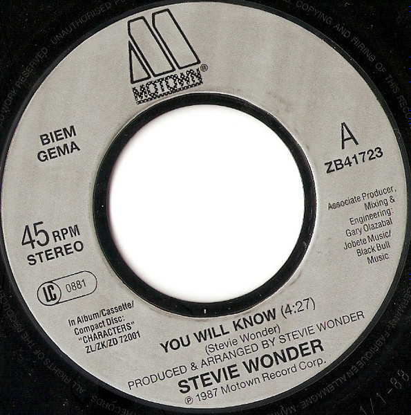 Cover zu Stevie Wonder - You Will Know | 1988 | Vinyl | Electronic, Funk / Soul | Europe
