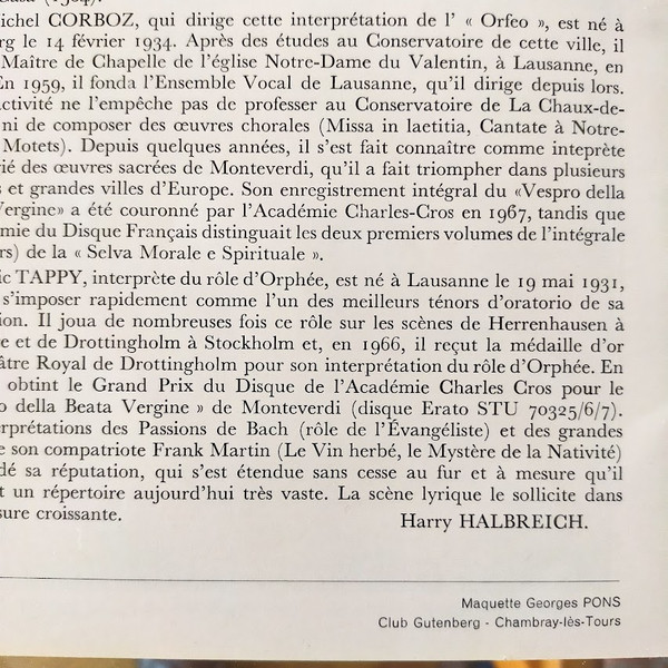 Cover zu Claudio Monteverdi - Eric Tappy, Ensemble Vocal De Lausanne Et Ensemble Instrumental De Lausanne Dir. Michel Corboz - Orfeo | 1968 | Vinyl | Classical | France