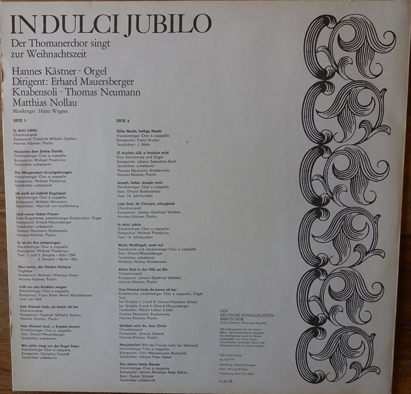Cover zu Thomanerchor, Hannes Kästner, Erhard Mauersberger - In Dulci Jubilo (Der Thomanerchor Singt Zur Weihnachtszeit) | 1978 | Vinyl | Classical | German Democratic Republic (GDR)