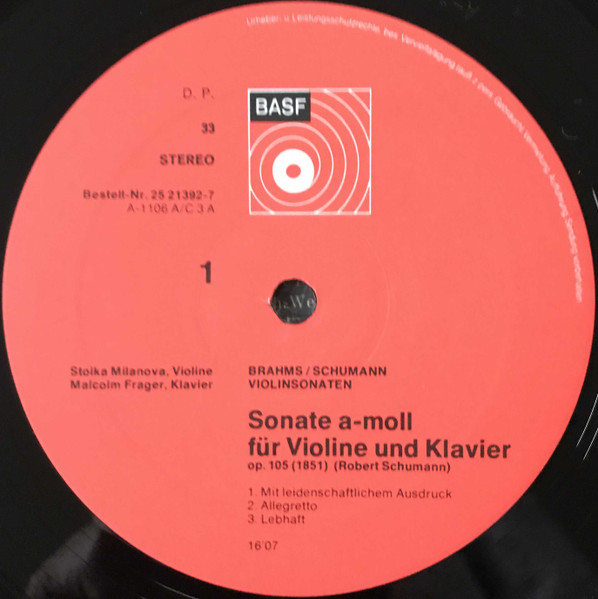 Cover zu Robert Schumann, Johannes Brahms, Stoika Milanova, Malcolm Frager - Violinsonaten Nr. 1 | Vinyl | Classical | Germany