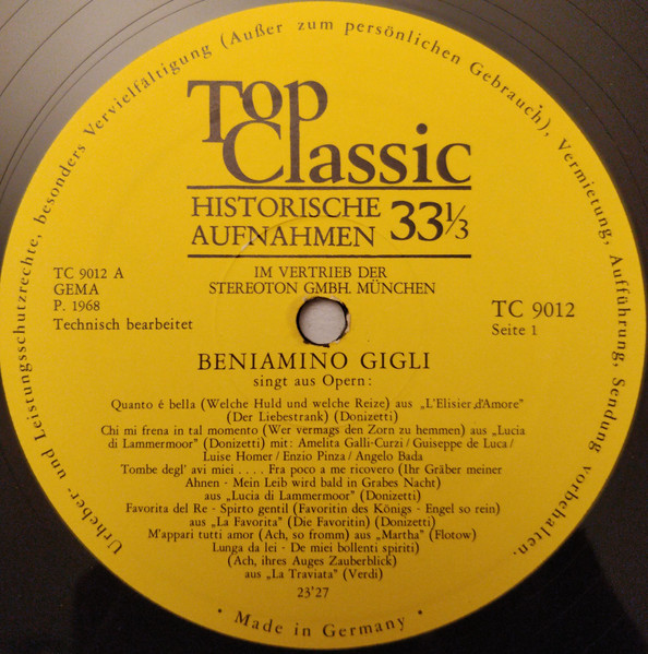 Cover zu Beniamino Gigli - Beniamino Gigli Singt Opernarien | 1968 | Vinyl | Classical | Germany Schallplatten Ankauf