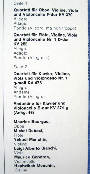 Cover zu Wolfgang Amadeus Mozart - Yehudi Menuhin, Luigi Alberto Bianchi, Maurice Bourgue, Michel Debost, Maurice Gendron, Hephzibah Menuhin - Mozart-Soirée / Oboen-, Klavier- Und Flötenquartett