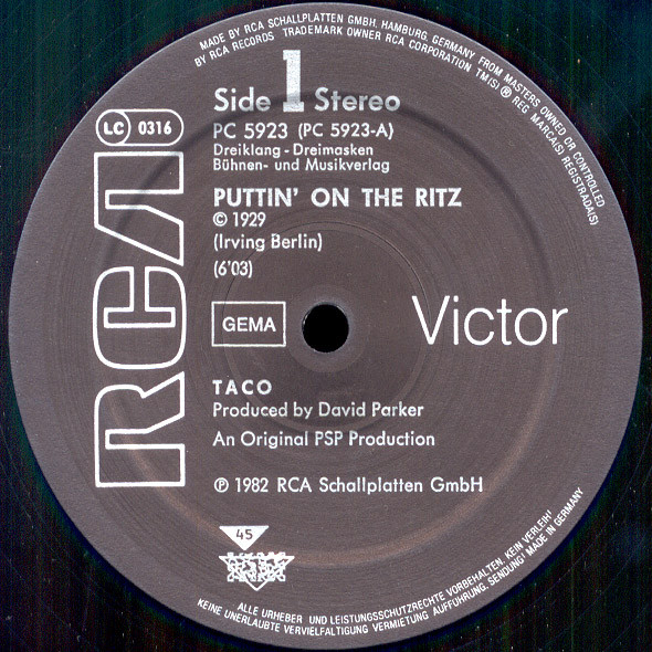 Cover zu Taco - Puttin' On The Ritz | 1982 | Vinyl | Electronic | Germany Schallplatten Ankauf