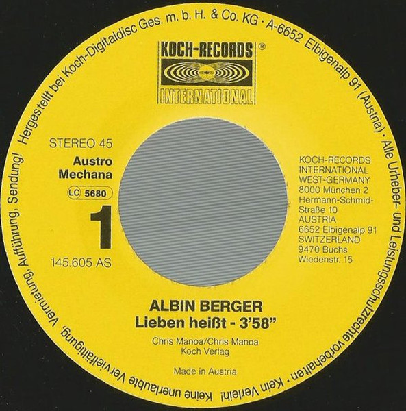 Cover zu Albin Berger - Lieben Heißt (Neuaufnahme) / Heut' Nacht | 1989 | Vinyl | Pop | Austria Schallplatten Ankauf