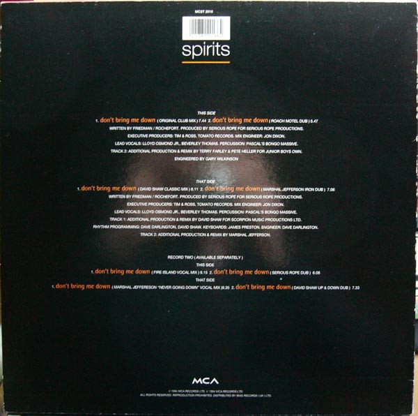 Cover zu Spirits - Don't Bring Me Down | 1994 | Vinyl | Electronic | UK