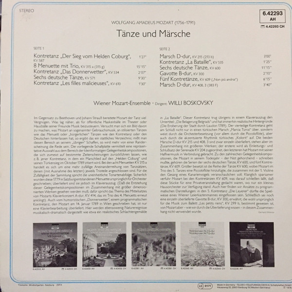 Cover zu Wolfgang Amadeus Mozart, Wiener Mozart Ensemble, Willi Boskovsky - Tänze Und Märsche | 1978 | Vinyl | Classical | Germany Schallplatten Ankauf
