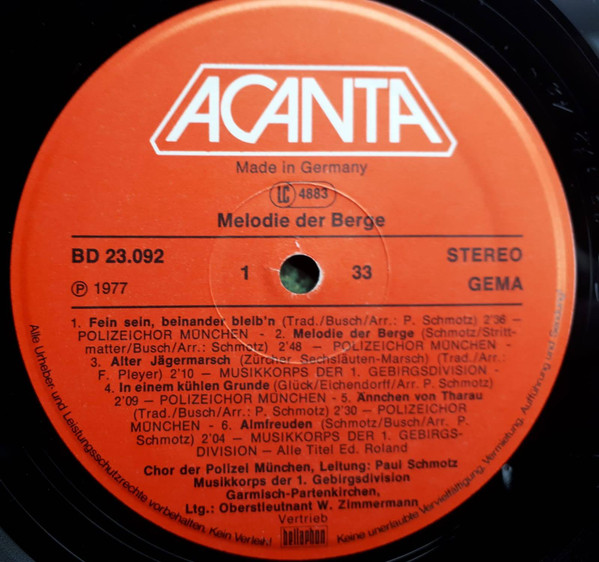 Cover zu Chor Der Polizei München Leitung: Paul Schmotz, Gebirgsmusikkorps Garmisch-Partenkirchen Leitung: Werner Zimmermann (2) - Melodie Der Berge | 1977 | Brass & Military, Folk, World, & Country Schallplatten Ankauf