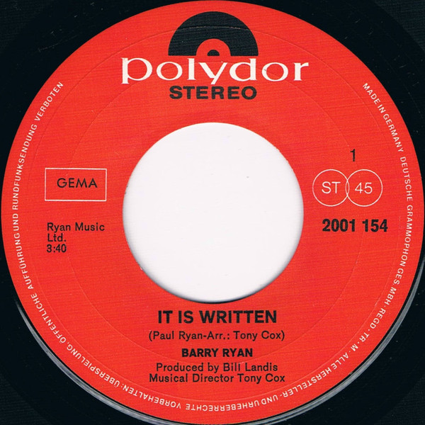 Cover zu Barry Ryan - It Is Written | 1971 | Vinyl | Rock | Germany Schallplatten Ankauf