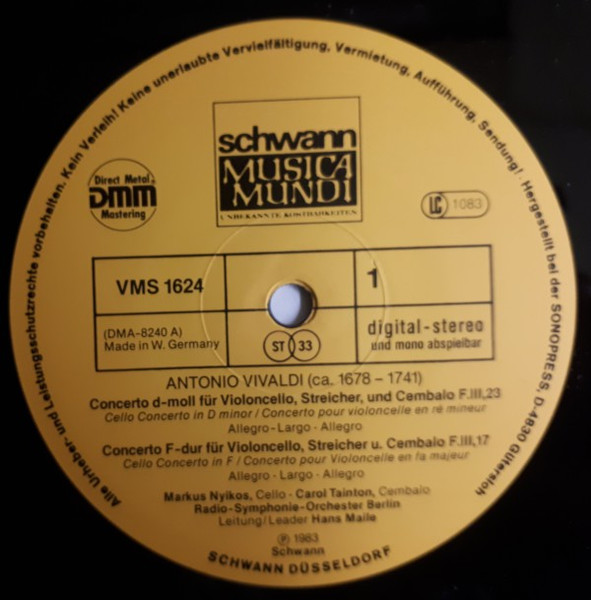 Cover zu Antonio Vivaldi / Giovanni Battista Cirri, Markus Nyikos, Carol Tainton, Radio-Symphonie-Orchester Berlin, Hans Maile - Concerto F-dur = In F = En Fa Majeur F III, 17 / Concerto D-moll = In
