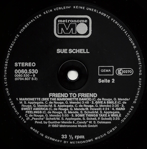 Cover zu Sue Schell - Friend To Friend | 1982 | Vinyl | Electronic, Pop | Germany, Austria, & Switzerland