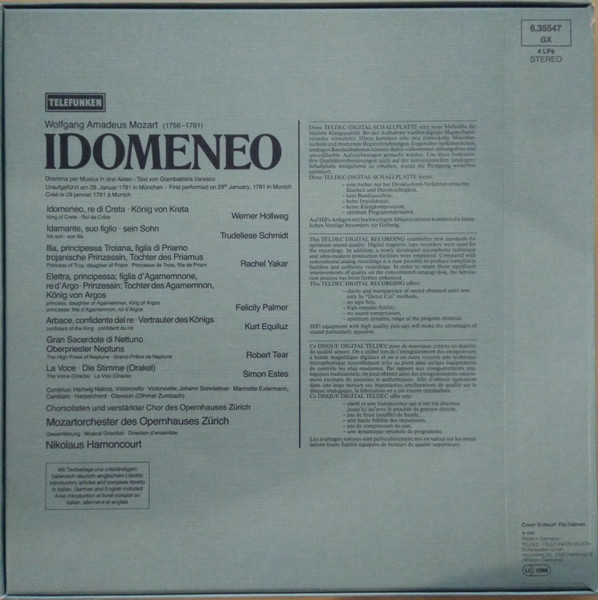 Cover zu Wolfgang Amadeus Mozart, Werner Hollweg, Trudeliese Schmidt, Rachel Yakar, Felicity Palmer, Kurt Equiluz, Robert Tear, Simon Estes, Mozartorchester Des Opernhauses Zürich & Chor der Oper Zürich, Nikolaus Harnoncourt - Idomeneo | 1980 | Vinyl | Classical | Germany Schallplatten Ankauf