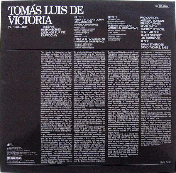 Cover zu Tomás Luis De Victoria, Pro Cantione Antiqua, Bruno Turner - Tenebrae Responsories = Gesänge Für Die Karwoche | 1979 | Vinyl | Classical | Germany Schallplatten Ankauf