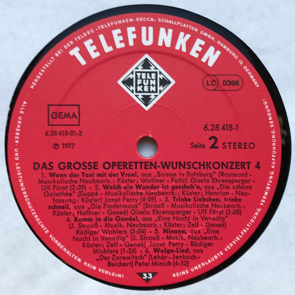 Cover zu Various - Das Große Operetten-Wunschkonzert 4 | 1977 | Vinyl | Classical | Germany Schallplatten Ankauf