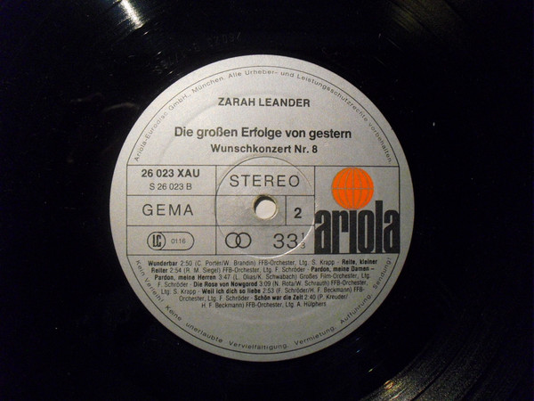 Cover zu Zarah Leander - Wunschkonzert Nr. 8 | 1976 | Vinyl | Pop | Germany