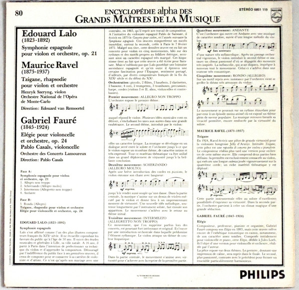 Cover zu Édouard Lalo, Maurice Ravel, Gabriel Fauré / Henryk Szeryng, Pablo Casals - Symphonie Espagnole Op. 21 / Tzigane / Elégie | 1982 | Vinyl | Classical | France