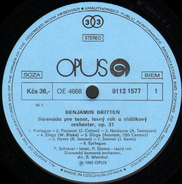 Cover zu Benjamin Britten - Peter Schreier, Bohdan Warchal, Slovak Chamber Orchestra, Peter Damm - Serenade For Tenor Solo, Horn And Strings, Op. 31 / Variations On A Theme Of Frank Bridge, Op. 10 | 1986 | Vinyl | Classical | Czechoslovakia