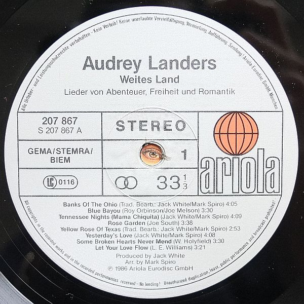 Cover zu Audrey Landers - Weites Land | 1986 | Vinyl | Pop | Europe