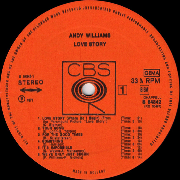 Cover zu Andy Williams - Love Story | 1971 | Vinyl | Pop | Europe Schallplatten Ankauf