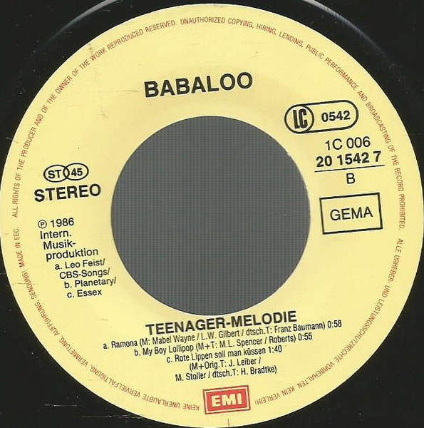 Cover zu Babaloo - Teenager-Melodie | 1986 | Vinyl | Pop | Germany
