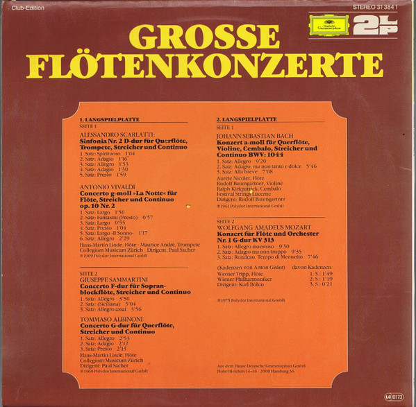 Cover zu Alessandro Scarlatti, Antonio Vivaldi, Giuseppe Sammartini, Johann Sebastian Bach, Wolfgang Amadeus Mozart, Hans-Martin Linde, Aurèle Nicolet, Werner Tripp - Grosse Flötenkonzerte | Vinyl | Classical | Germany