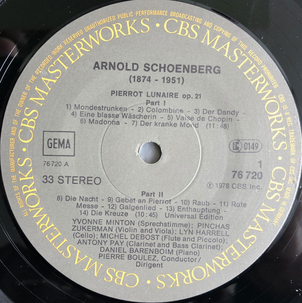 Cover zu Arnold Schoenberg, Pierre Boulez, Pinchas Zukerman, Lynn Harrell, Michel Debost, Antony Pay, Daniel Barenboim, Yvonne Minton - Pierrot Lunaire | 1978 | Vinyl | Classical | Europe