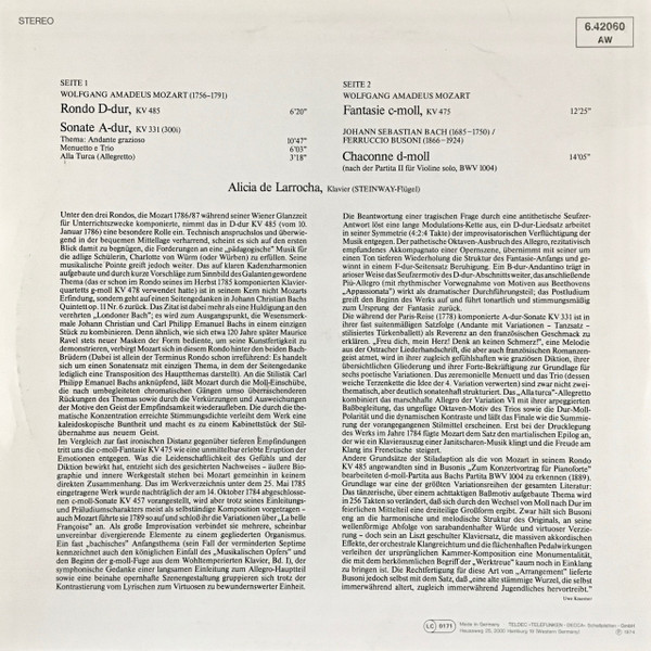 Cover zu Wolfgang Amadeus Mozart / Johann Sebastian Bach · Ferruccio Busoni : Alicia De Larrocha - Rondo D-dur, KV 485 · Sonate A-dur, KV 331 · Fantasie C-moll, KV 475 / Chaconne D-moll | Classical Schallplatten Ankauf