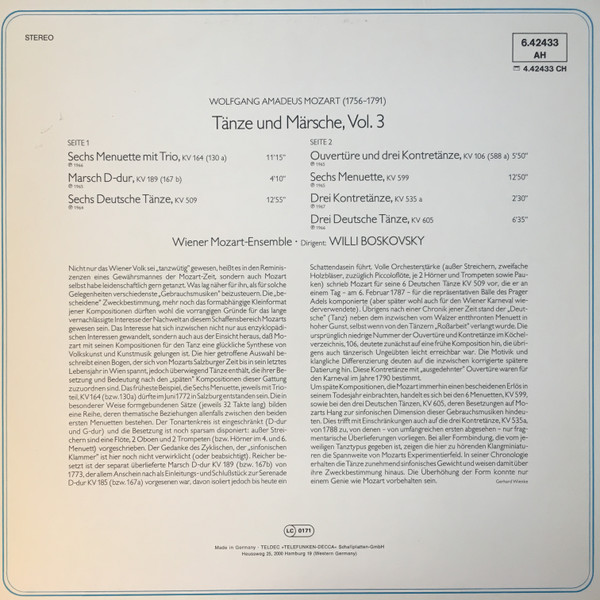 Cover zu Wolfgang Amadeus Mozart, Wiener Mozart Ensemble, Willi Boskovsky - Tänze Und Märsche Vol.3 | Vinyl | Classical | Germany Schallplatten Ankauf