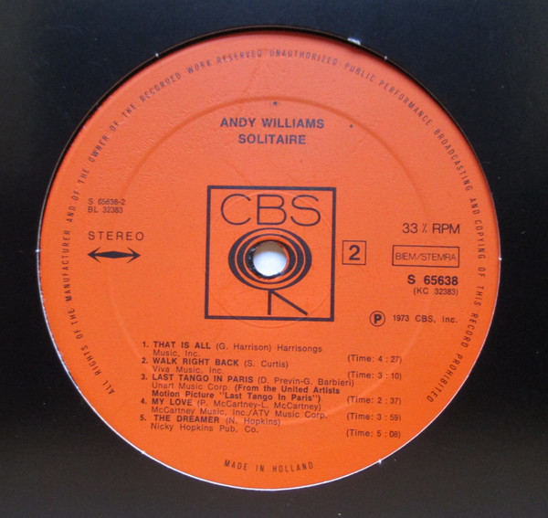 Cover zu Andy Williams - Solitaire | 1973 | Vinyl | Pop | Netherlands Schallplatten Ankauf