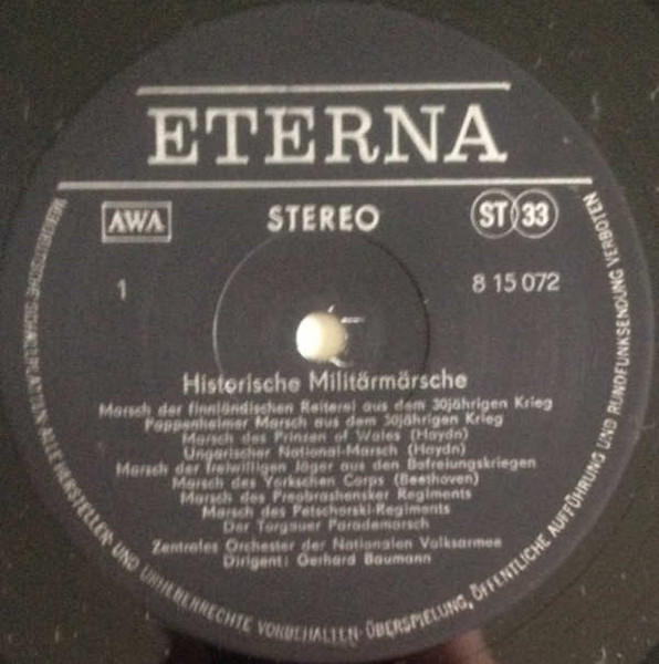 Cover zu Zentrales Orchester Der Nationalen Volksarmee, Gerhard Baumann - Historische Militärmärsche | 1975 | Vinyl | Classical, Brass & Military | German Democratic Republic (GDR) Schallplatten Ankauf