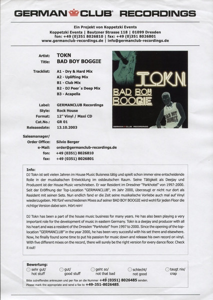 Cover zu Tokn - Bad Boy Boogie | 2003 | Vinyl | Electronic | Germany Schallplatten Ankauf