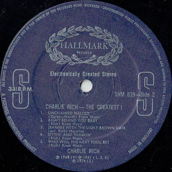 Cover zu Charlie Rich - The Greatest! | 1974 | Vinyl | Folk, World, & Country | UK Schallplatten Ankauf