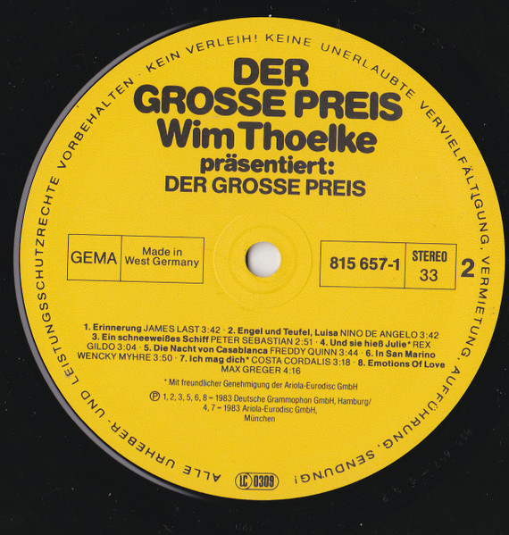 Cover zu Various - Der Grosse Preis - Wim Thoelke Präsentiert Ihr Wunschkonzert | 1984 | Vinyl | Pop | Germany