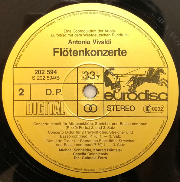 Cover zu Antonio Vivaldi - Michael Schneider (2), Cappella Coloniensis, Gabriele Ferro - Flötenkonzerte | 1984 | Vinyl, LP | Classical | Germany Schallplatten Ankauf