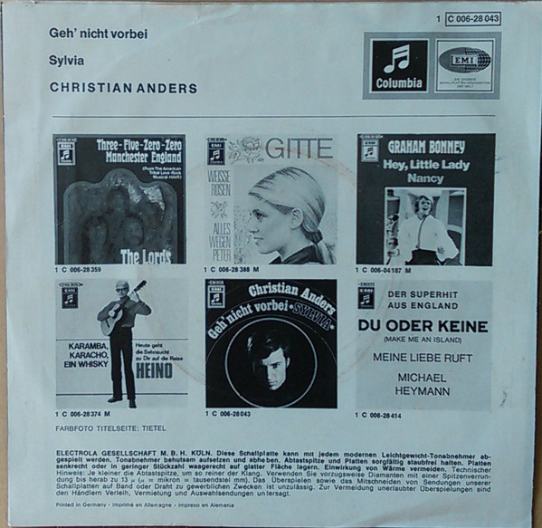 Cover zu Christian Anders - Geh' Nicht Vorbei / Sylvia | 1969 | Vinyl | Pop | Germany Schallplatten Ankauf