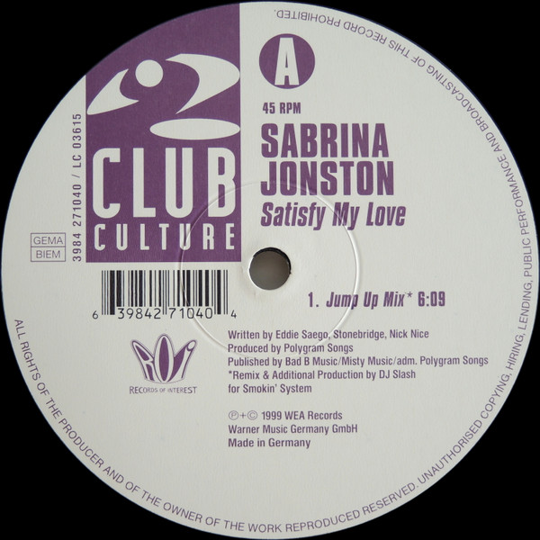 Cover zu Sabrina Johnston - Satisfy My Love | 1999 | Vinyl | Electronic | Germany Schallplatten Ankauf