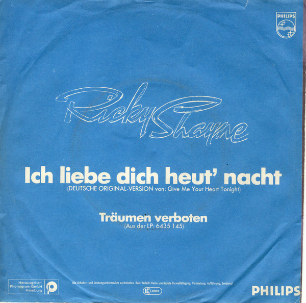 Cover zu Ricky Shayne - Ich Liebe Dich Heut' Nacht | 1982 | Vinyl | Rock, Pop | Germany Schallplatten Ankauf