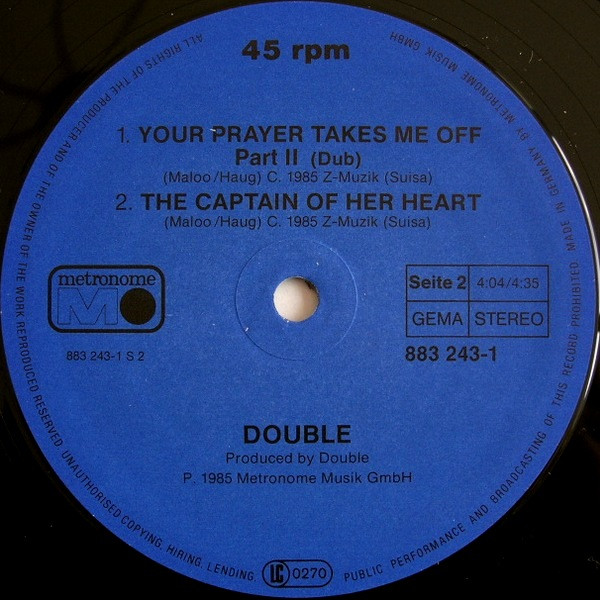 Cover zu Double - Your Prayer Takes Me Off / The Captain Of Her Heart | 1985 | Vinyl | Electronic, Jazz | Germany Schallplatten Ankauf