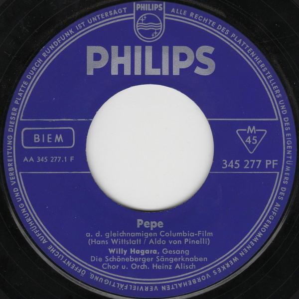 Cover zu Willy Hagara - Pepe / Liebe Kleine Stadt | 1961 | Vinyl | Pop, Stage & Screen | Germany