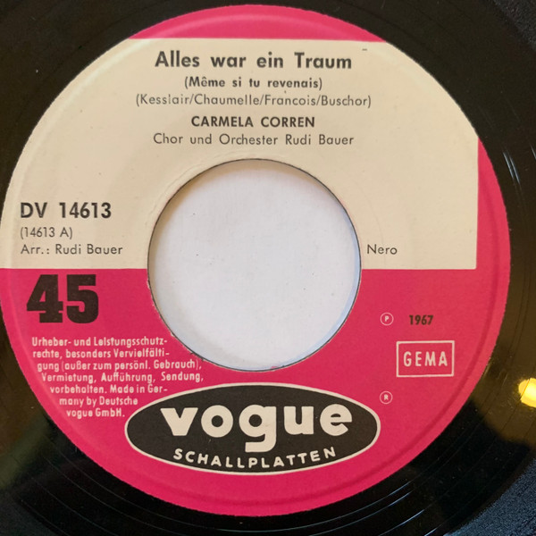 Cover zu Carmela Corren - Alles War Ein Traum | 1967 | Vinyl | Pop | Germany