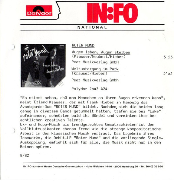 Cover zu Roter Mund - Augen Leben, Augen Sterben / Weltuntergang Im Park | 1982 | Vinyl | Electronic, Rock, Pop | Germany Schallplatten Ankauf
