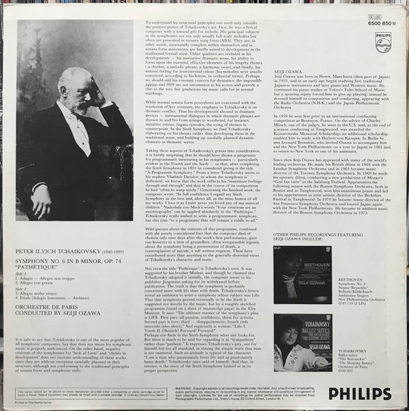 Cover zu Pyotr Ilyich Tchaikovsky - Orchestre De Paris, Seiji Ozawa - Symphony No. 6