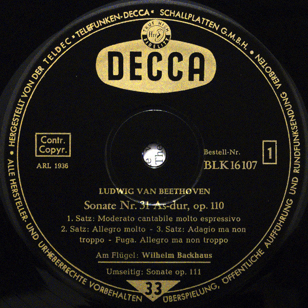 Cover zu Wilhelm Backhaus Spielt Ludwig van Beethoven - Sonate Nr. 31 (As-dur, Op. 110), Sonate Nr. 32 (C-moll, Op.111) | Vinyl, LP, Mono | Classical | Germany