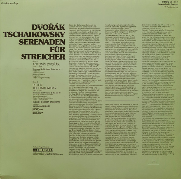 Cover zu Antonín Dvořák / Pyotr Ilyich Tchaikovsky, English Chamber Orchestra, Daniel Barenboim - Serenaden Für Streicher | Vinyl | Classical | Germany Schallplatten Ankauf