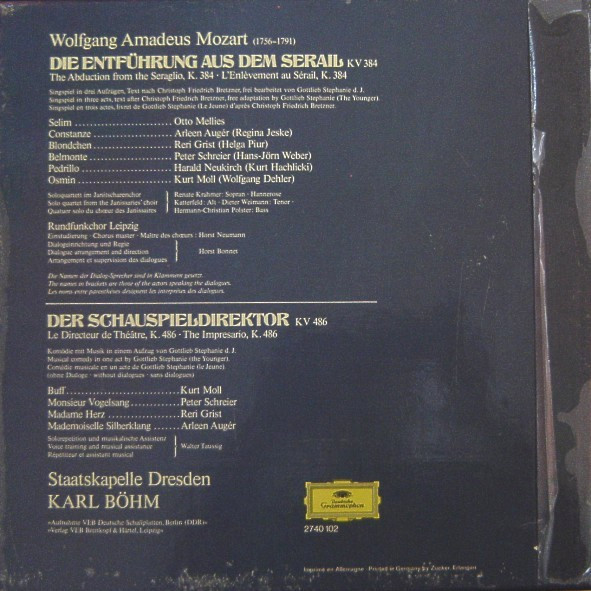 Cover zu Wolfgang Amadeus Mozart - Arleen Auger, Reri Grist, Peter Schreier, Harald Neukirch, Kurt Moll, Staatskapelle Dresden With Karl Böhm - Die Entführung Aus Dem Serail / Der Schauspieldirektor